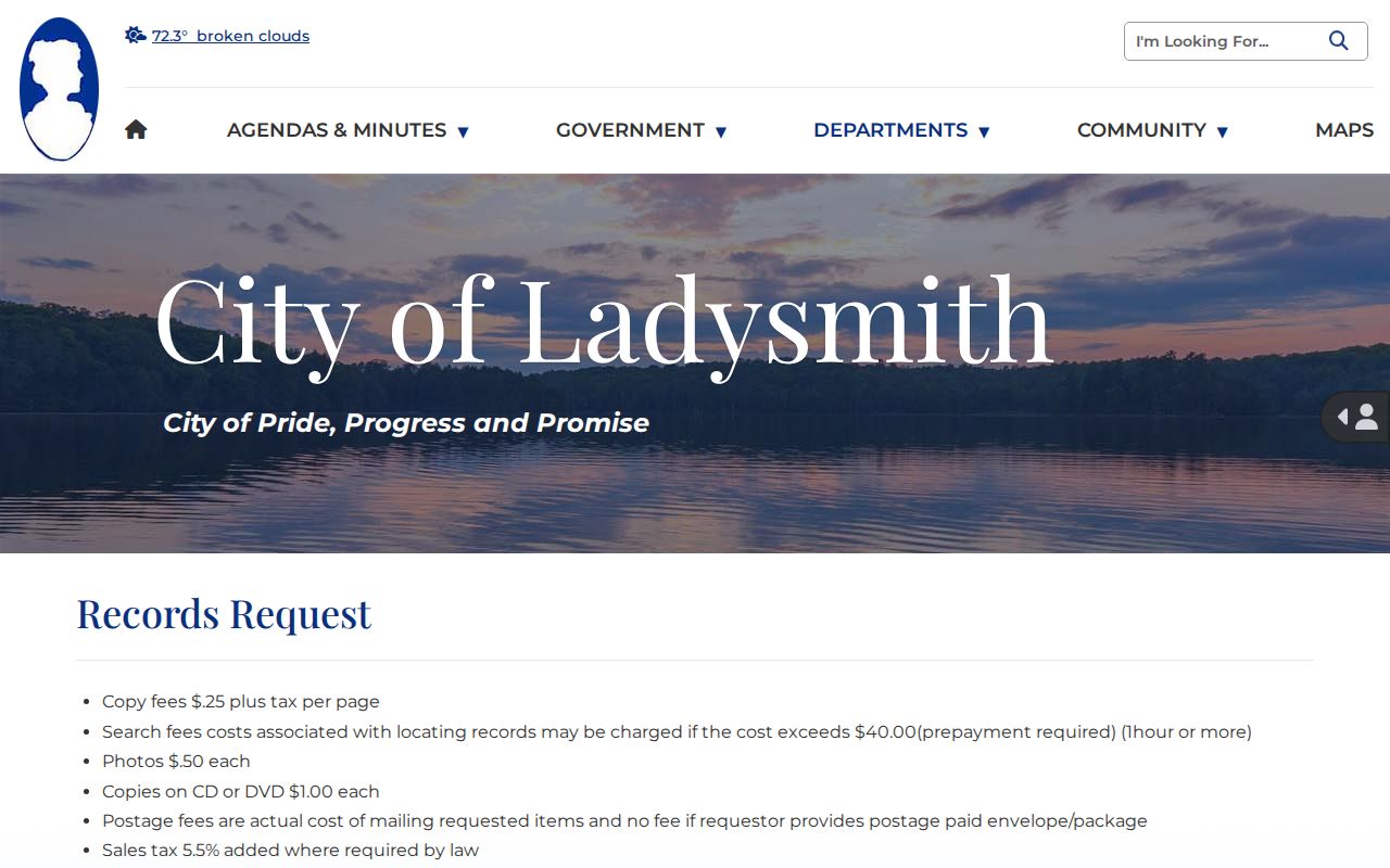 Ladysmith criminal records request instructions and city fees
