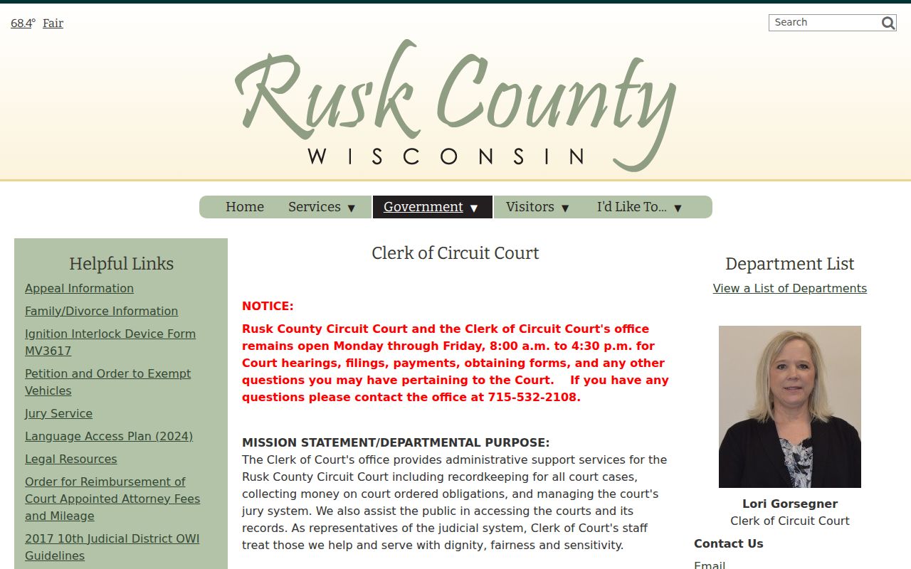 Rusk County criminal court clerk counter and public terminal information