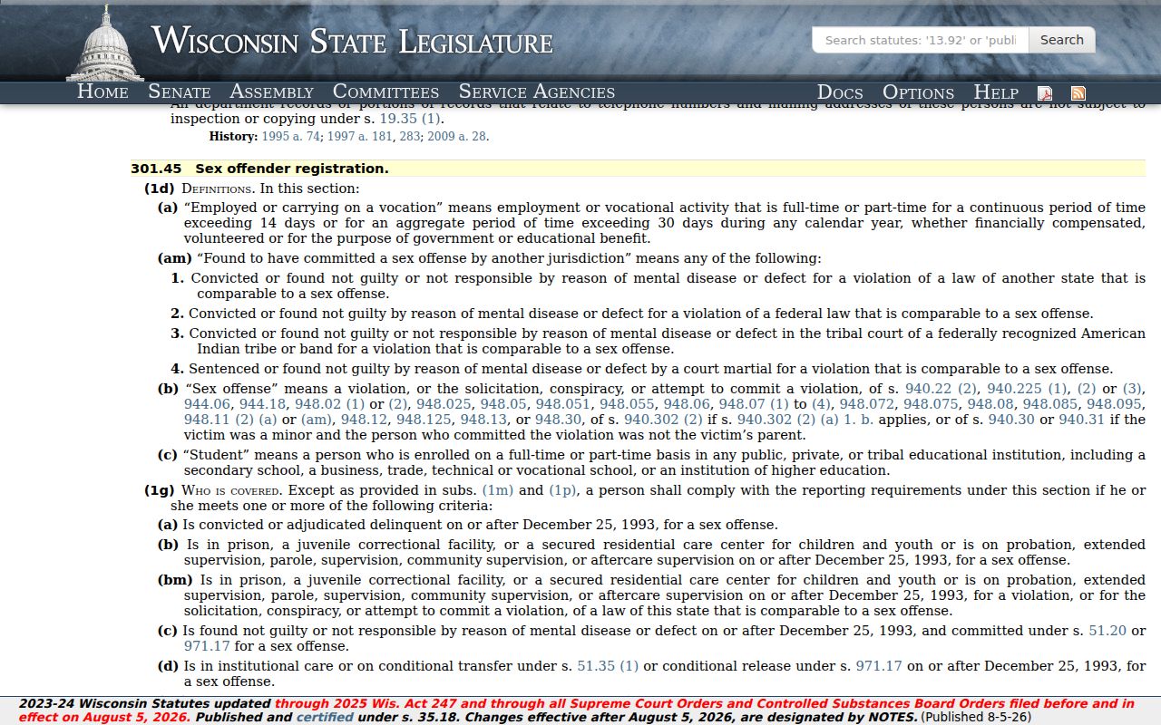 Wisconsin registration duration law for a Rusk County sex offender search