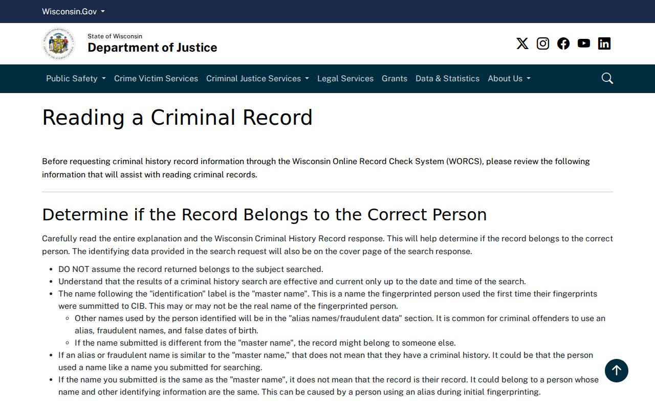 Wisconsin DOJ guide for reading Rusk County criminal history results